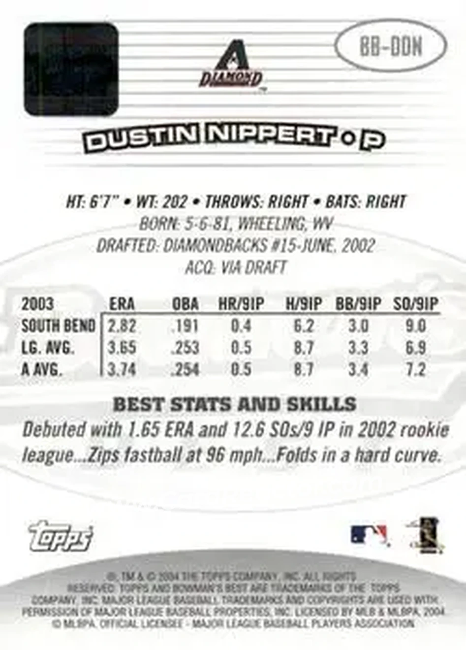 2004 Bowman's Best #BB-DDN - Dustin Nippert - Arizona Diamondbacks - Back