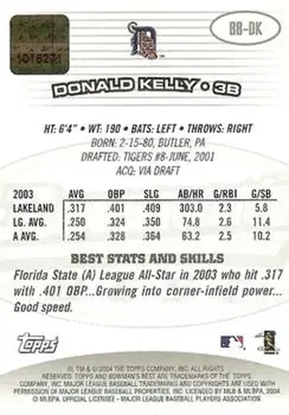 2004 Bowman's Best #BB-DK - Don Kelly - Detroit Tigers - Back