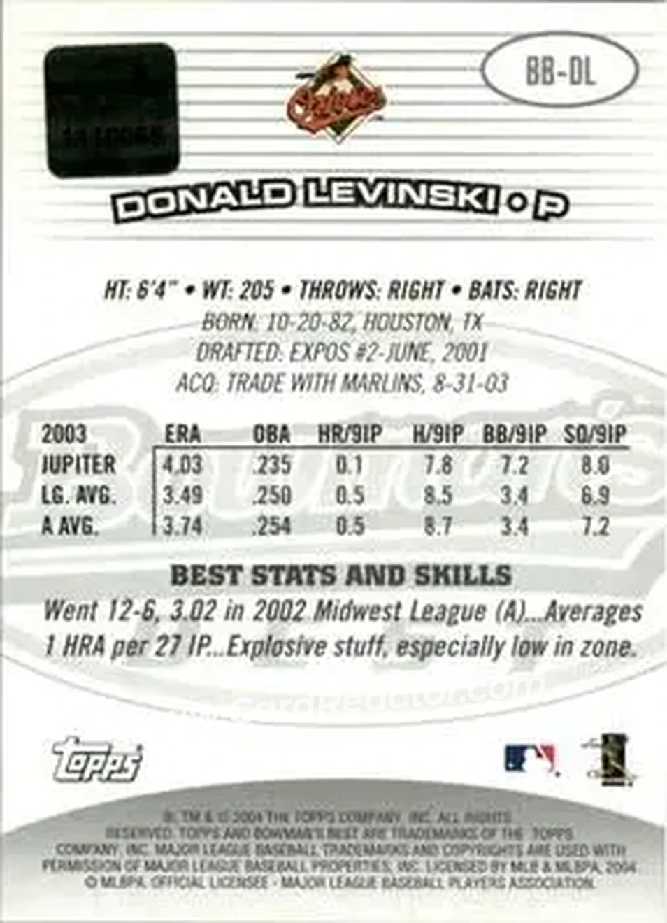 2004 Bowman's Best #BB-DL - Donald Levinski - Baltimore Orioles - Back