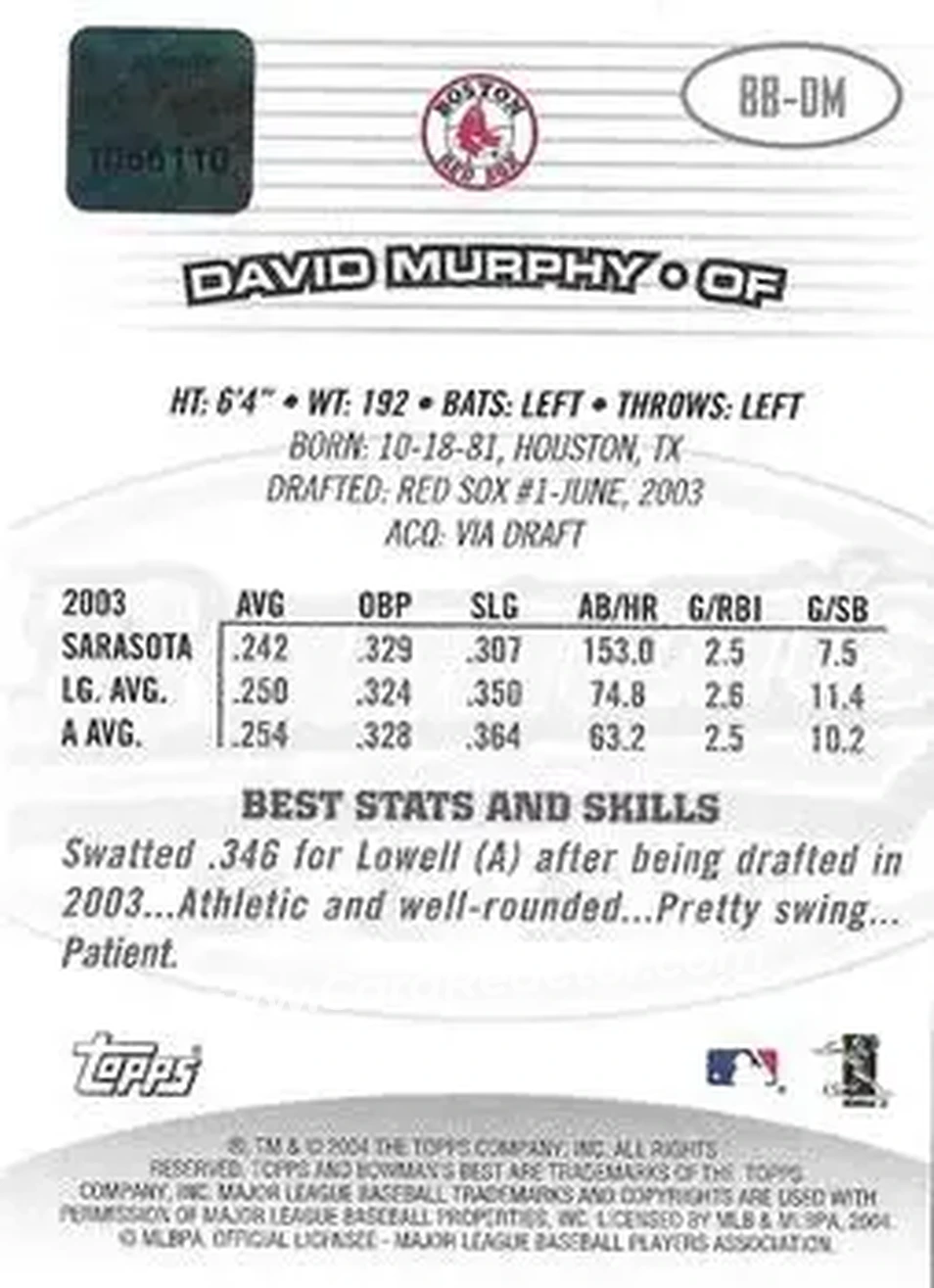 2004 Bowman's Best #BB-DM - David Murphy - Boston Red Sox - Back 2004 Bowman's Best #BB-DM - David Murphy - Boston Red Sox - Back