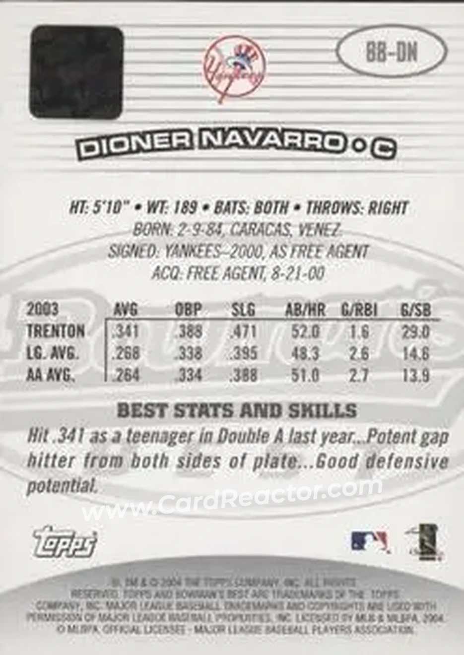 2004 Bowman's Best #BB-DN - Dioner Navarro - New York Yankees - Back