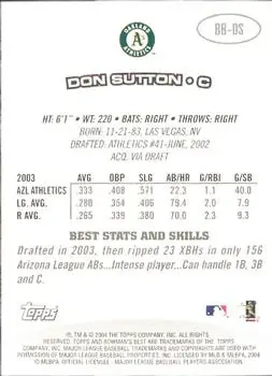 2004 Bowman's Best #BB-DS - Don Sutton - Oakland Athletics - Back