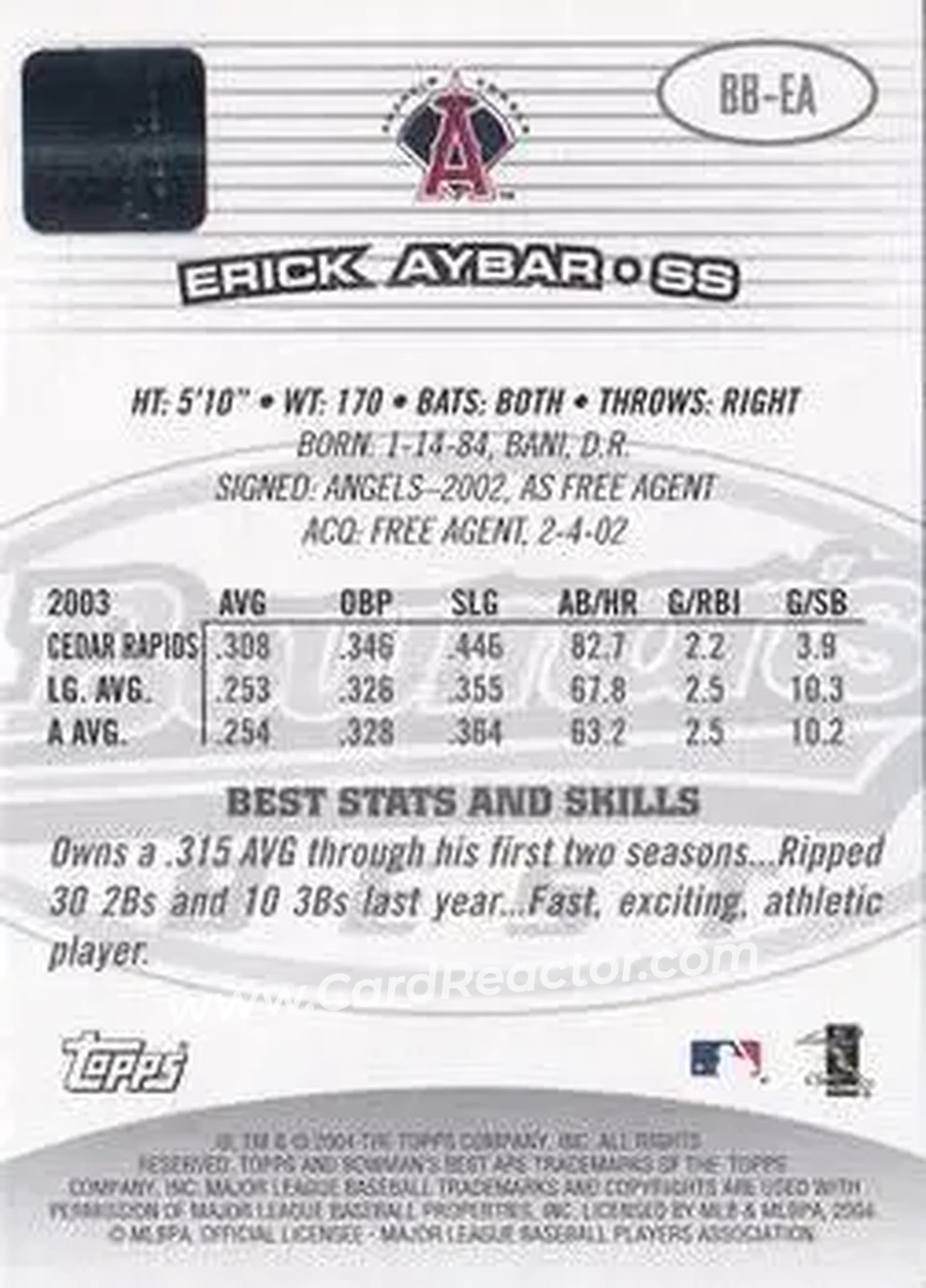 2004 Bowman's Best #BB-EA - Erick Aybar - Anaheim Angels - Back
