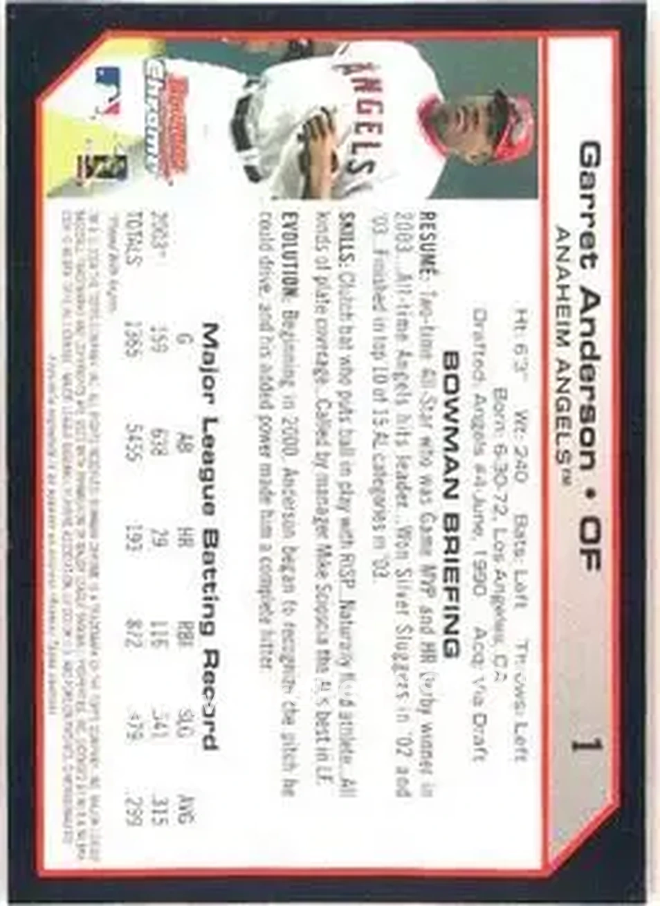 2004 Bowman Chrome #1 - Garret Anderson - Anaheim Angels - Back