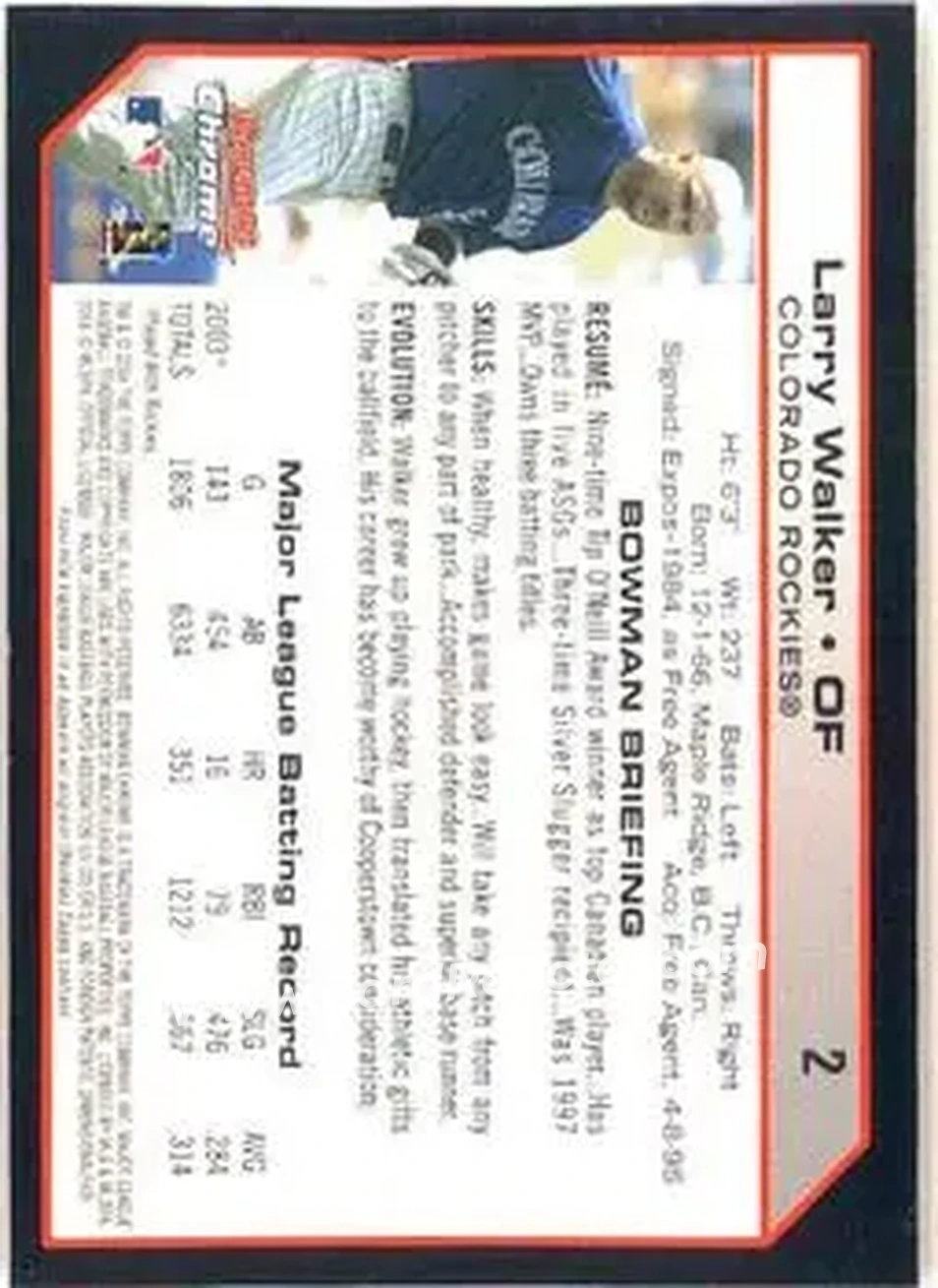 2004 Bowman Chrome #2 - Larry Walker - Colorado Rockies - Back