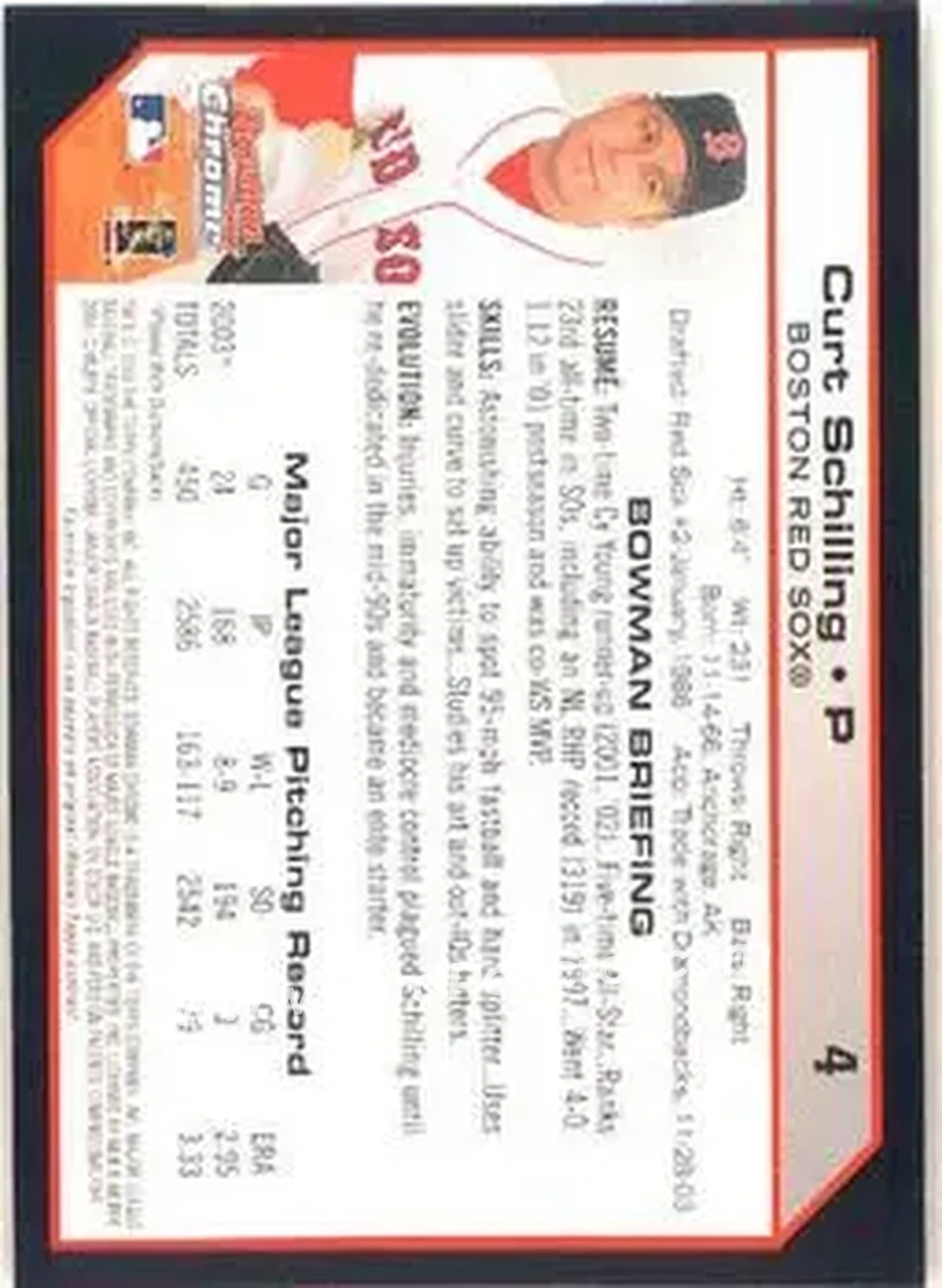 2004 Bowman Chrome #4 - Curt Schilling - Boston Red Sox - Back