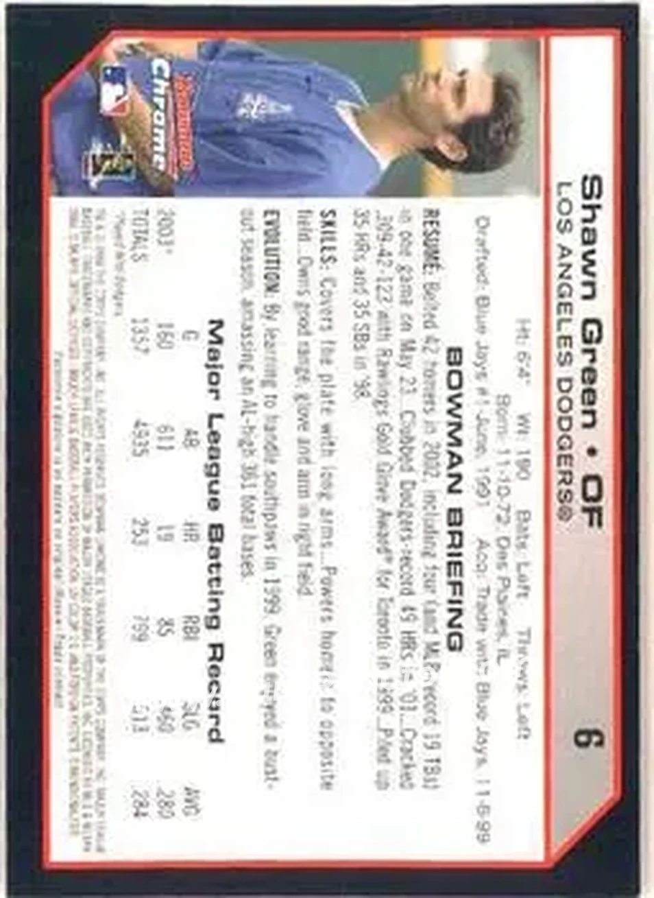 2004 Bowman Chrome #6 - Shawn Green - Los Angeles Dodgers - Back