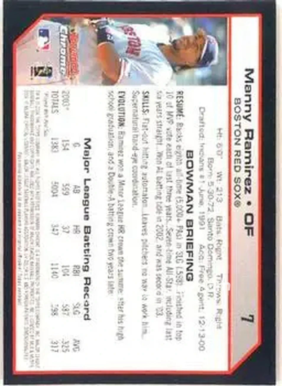 2004 Bowman Chrome #7 - Manny Ramirez - Boston Red Sox - Back 2004 Bowman Chrome #7 - Manny Ramirez - Boston Red Sox - Back
