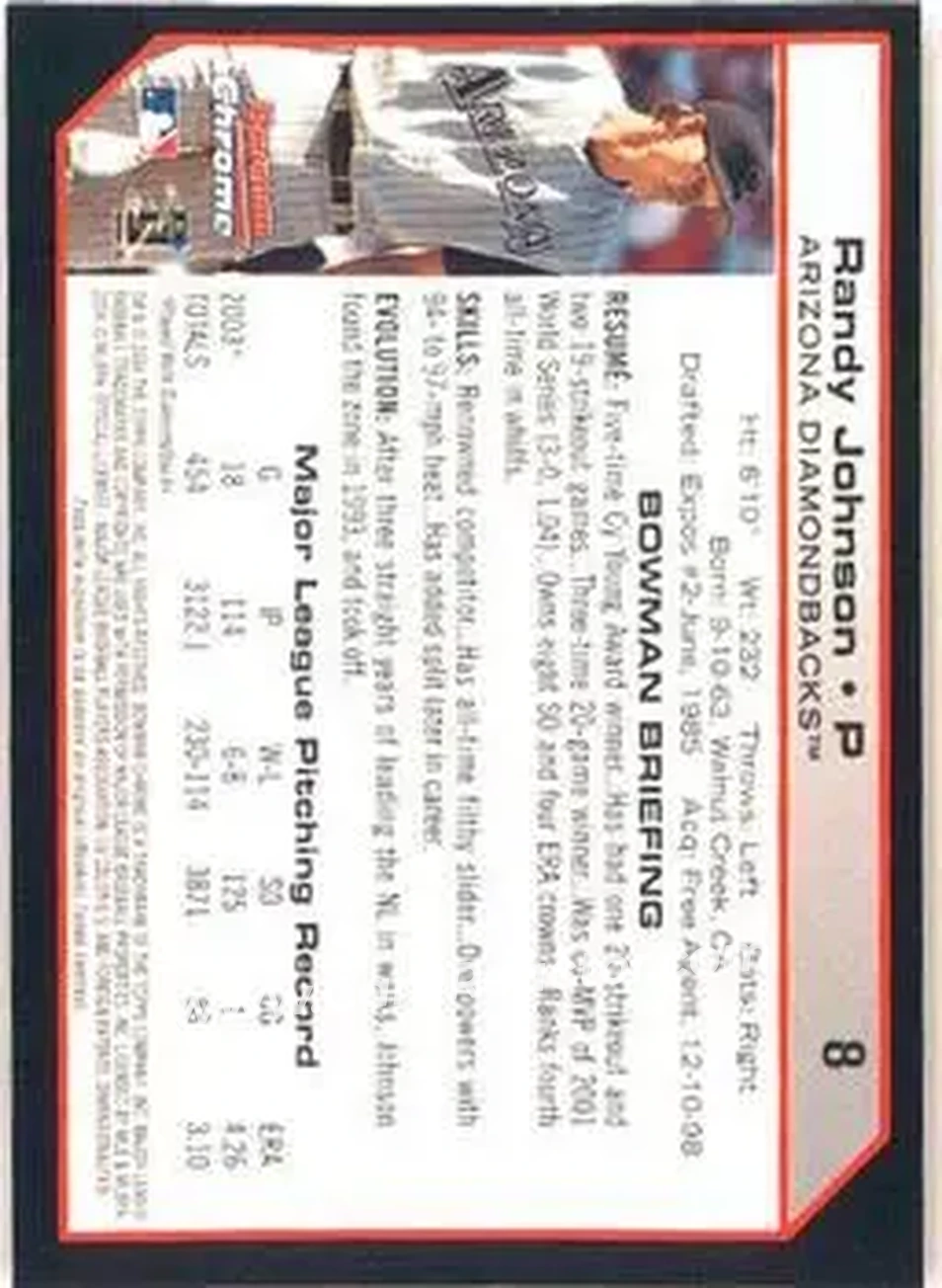 2004 Bowman Chrome #8 - Randy Johnson - Arizona Diamondbacks - Back