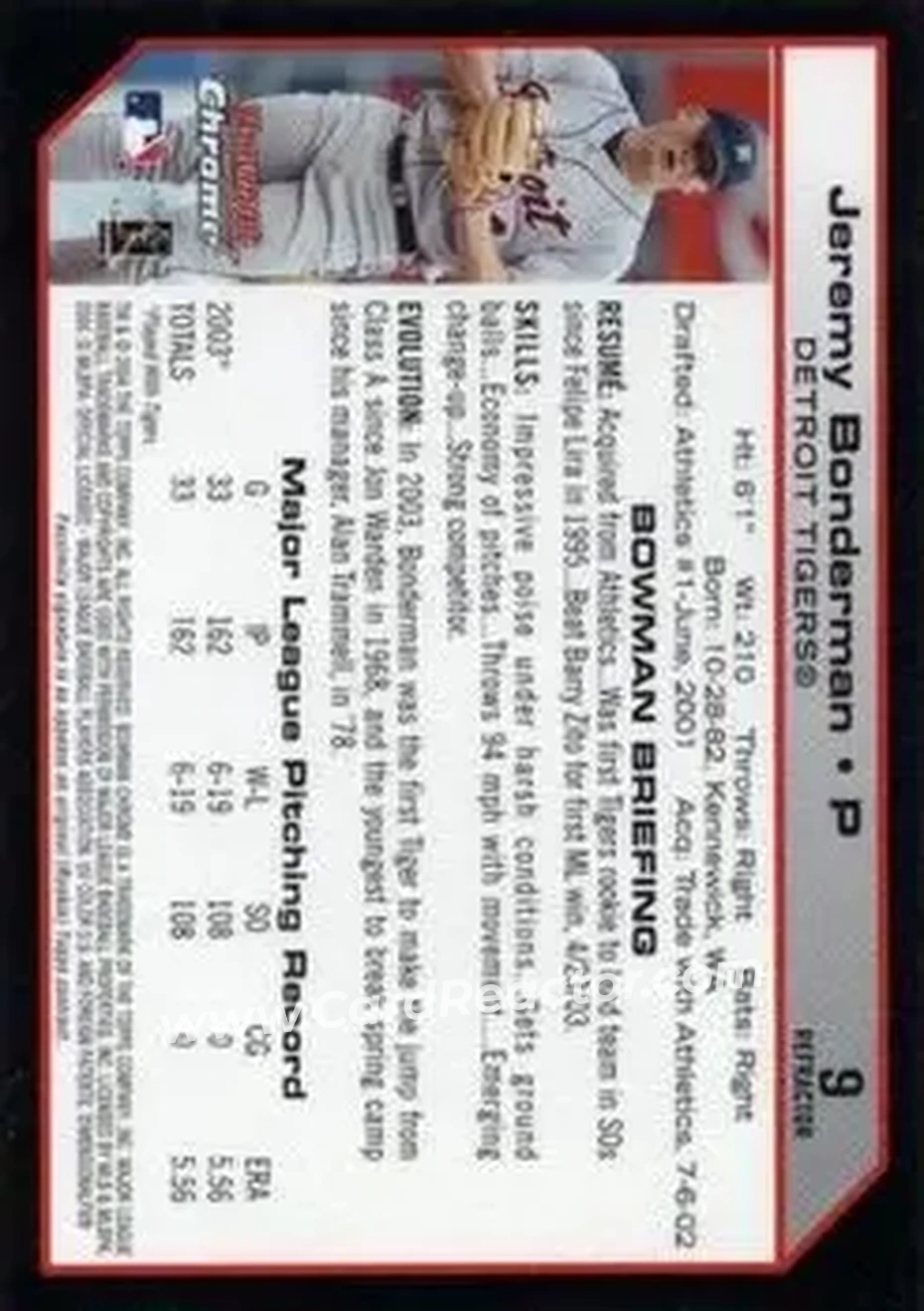 2004 Bowman Chrome #9 - Jeremy Bonderman - Detroit Tigers - Back