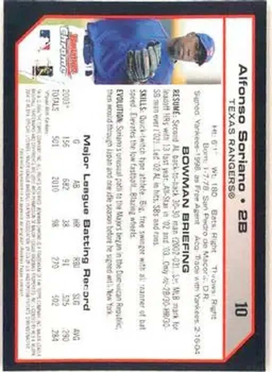 2004 Bowman Chrome #10 - Alfonso Soriano - Texas Rangers - Back