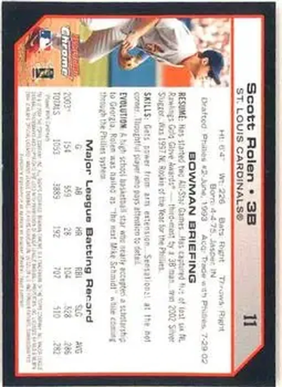 2004 Bowman Chrome #11 - Scott Rolen - St. Louis Cardinals - Back