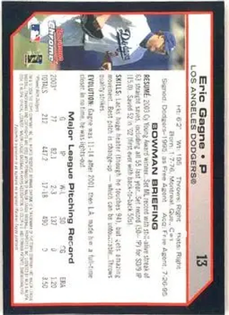 2004 Bowman Chrome #13 - Eric Gagne - Los Angeles Dodgers - Back