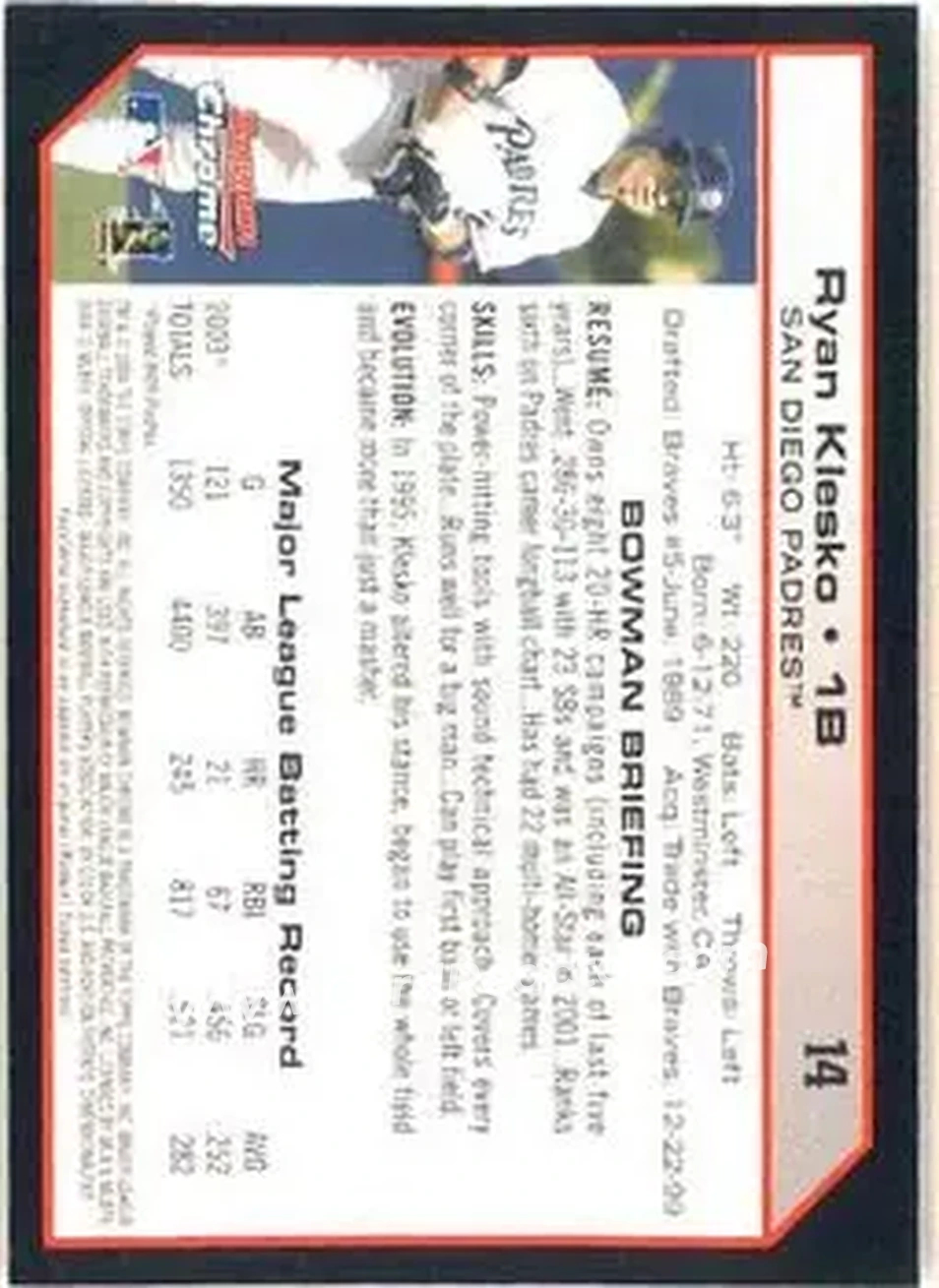 2004 Bowman Chrome #14 - Ryan Klesko - San Diego Padres - Back