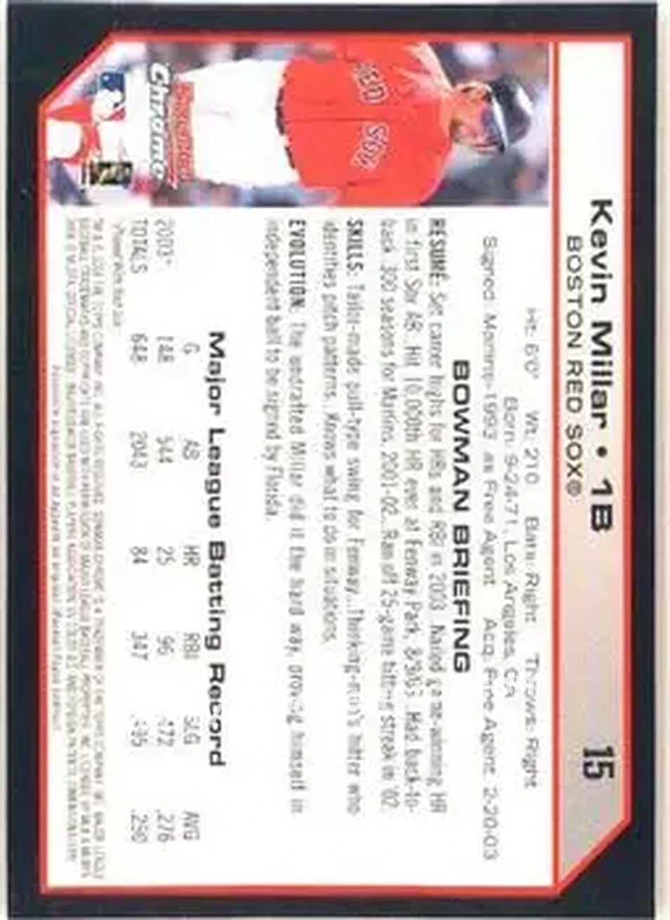 2004 Bowman Chrome #15 - Kevin Millar - Boston Red Sox - Back