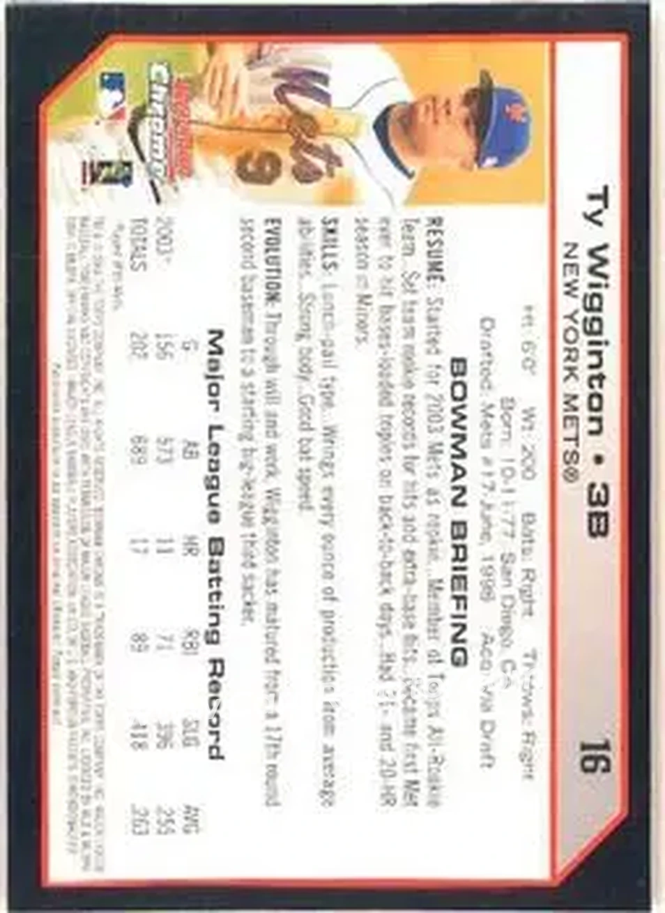 2004 Bowman Chrome #16 - Ty Wigginton - New York Mets - Back