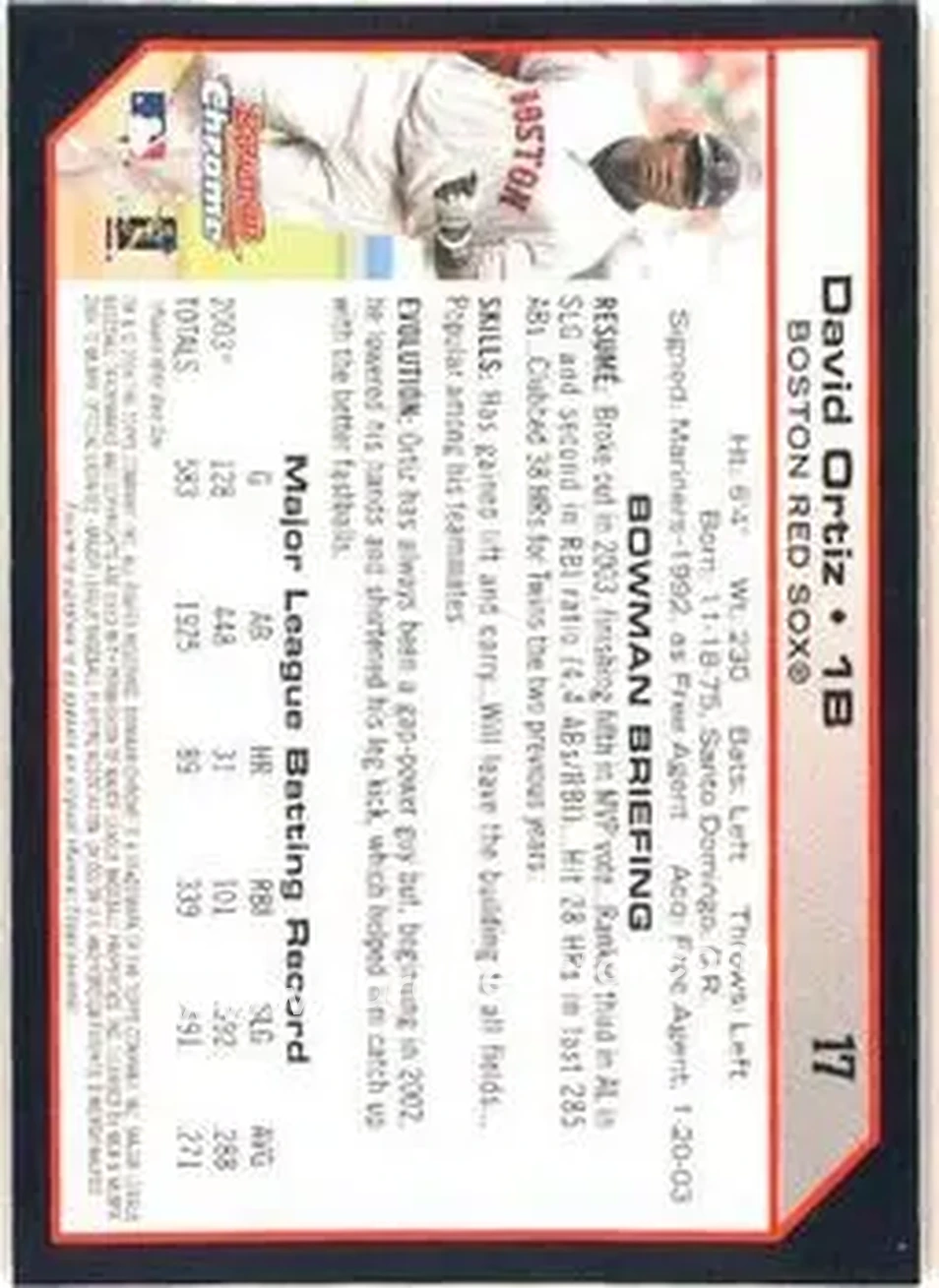 2004 Bowman Chrome #17 - David Ortiz - Boston Red Sox - Back