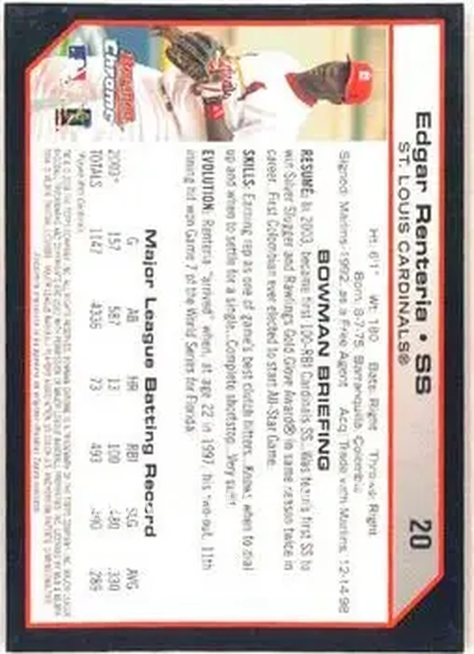 2004 Bowman Chrome #20 - Edgar Renteria - St. Louis Cardinals - Back
