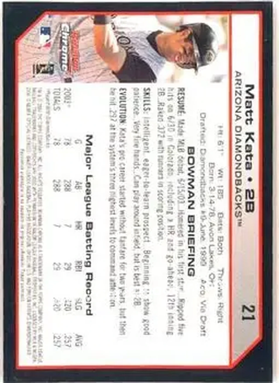 2004 Bowman Chrome #21 - Matt Kata - Arizona Diamondbacks - Back