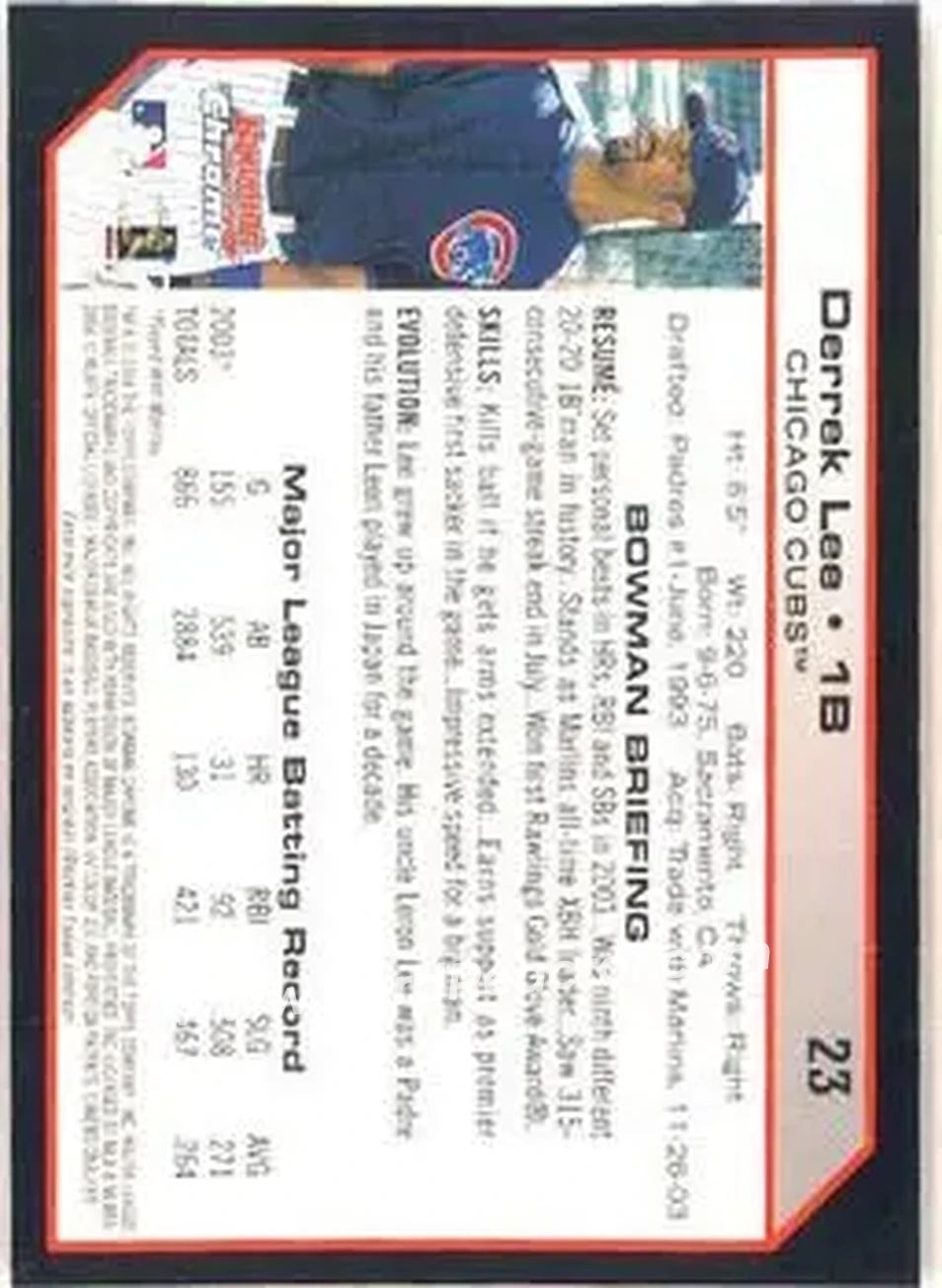 2004 Bowman Chrome #23 - Derrek Lee - Chicago Cubs - Back