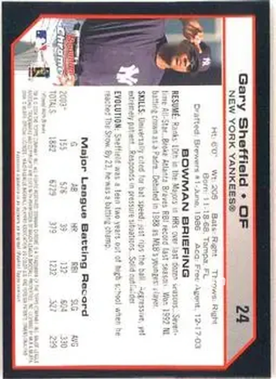 2004 Bowman Chrome #24 - Gary Sheffield - New York Yankees - Back