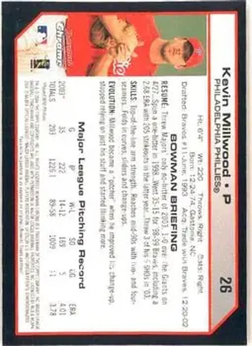 2004 Bowman Chrome #26 - Kevin Millwood - Philadelphia Phillies - Back