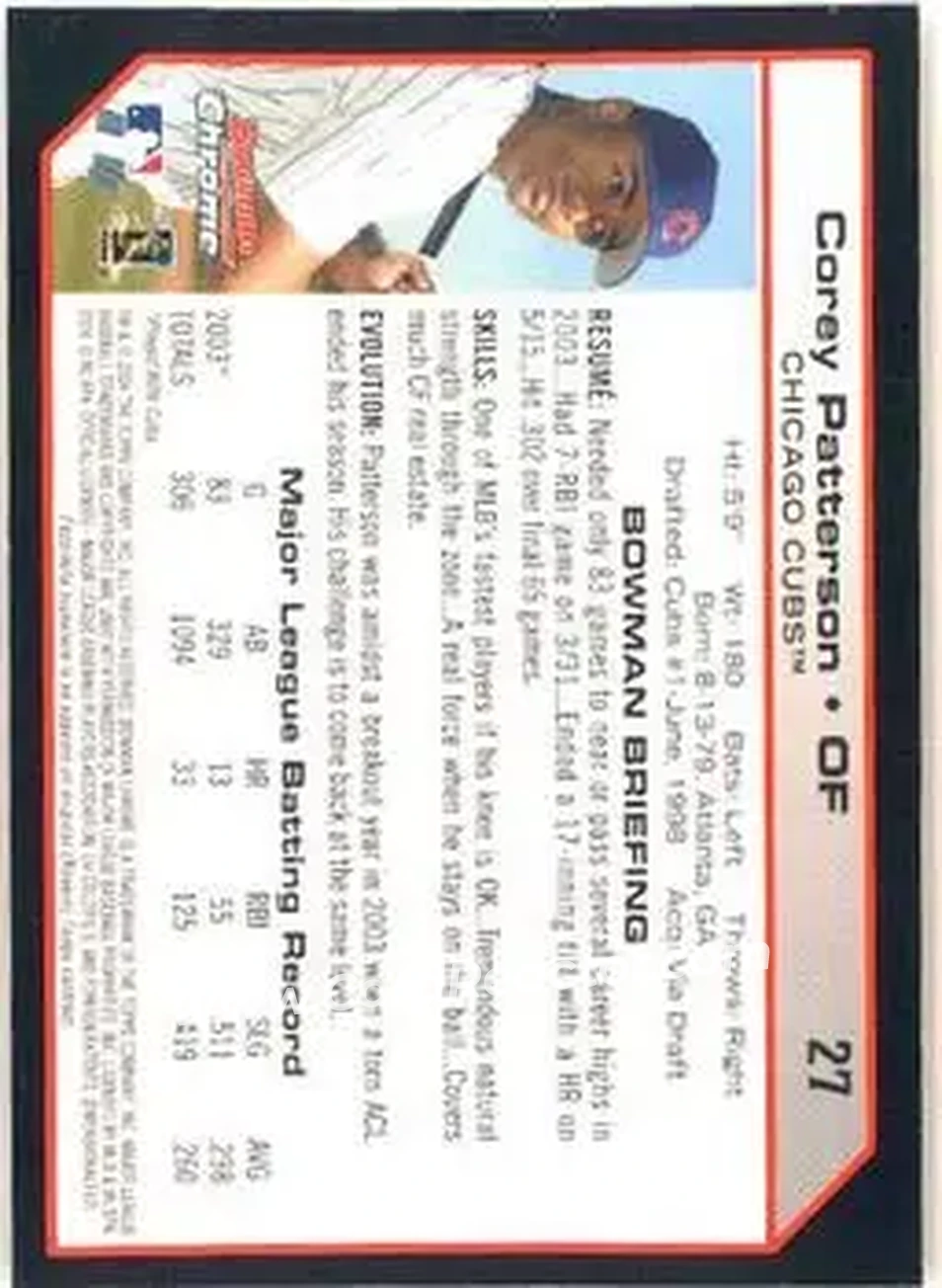 2004 Bowman Chrome #27 - Corey Patterson - Chicago Cubs - Back