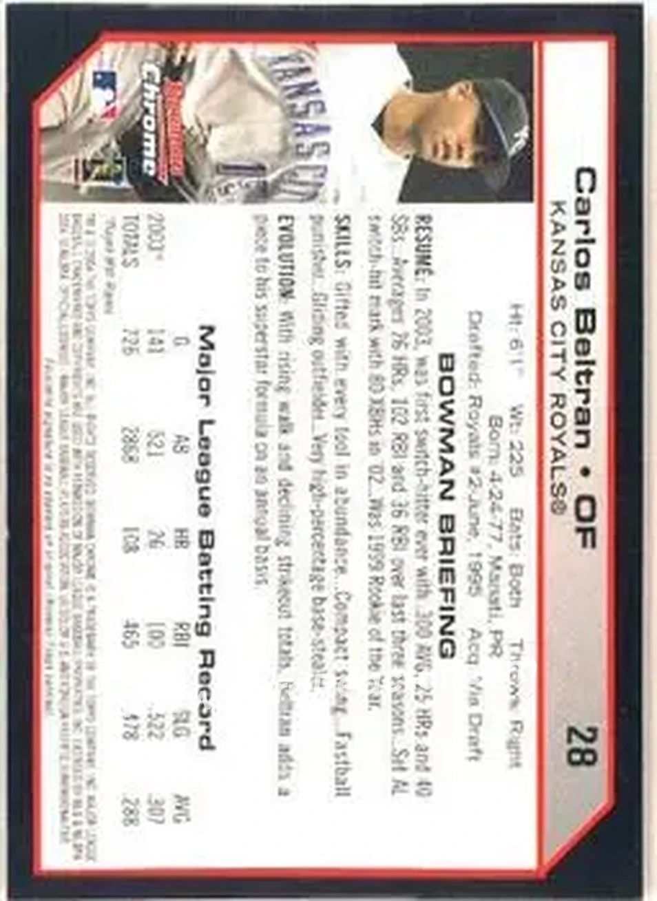 2004 Bowman Chrome #28 - Carlos Beltran - Kansas City Royals - Back