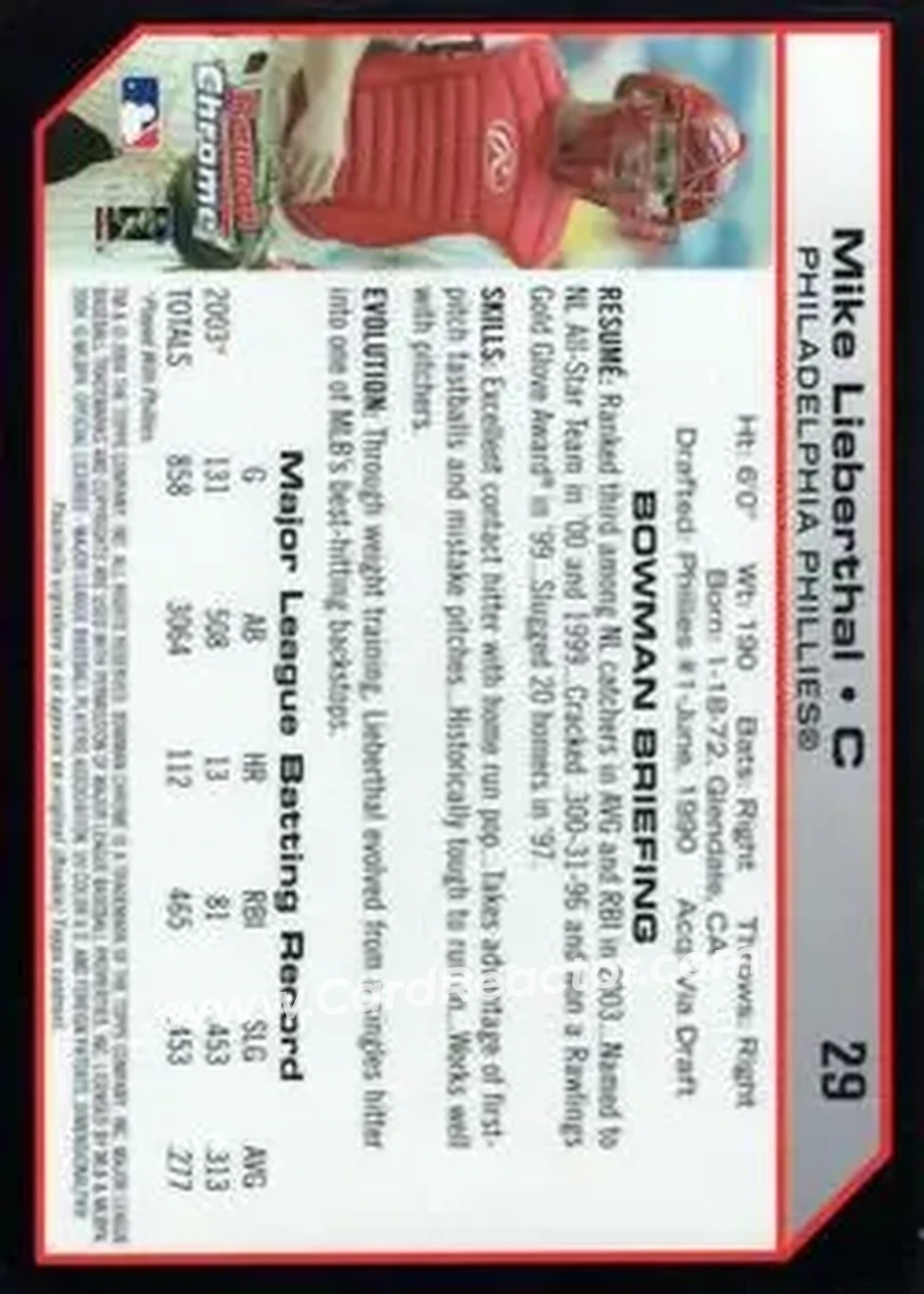 2004 Bowman Chrome #29 - Mike Lieberthal - Philadelphia Phillies - Back