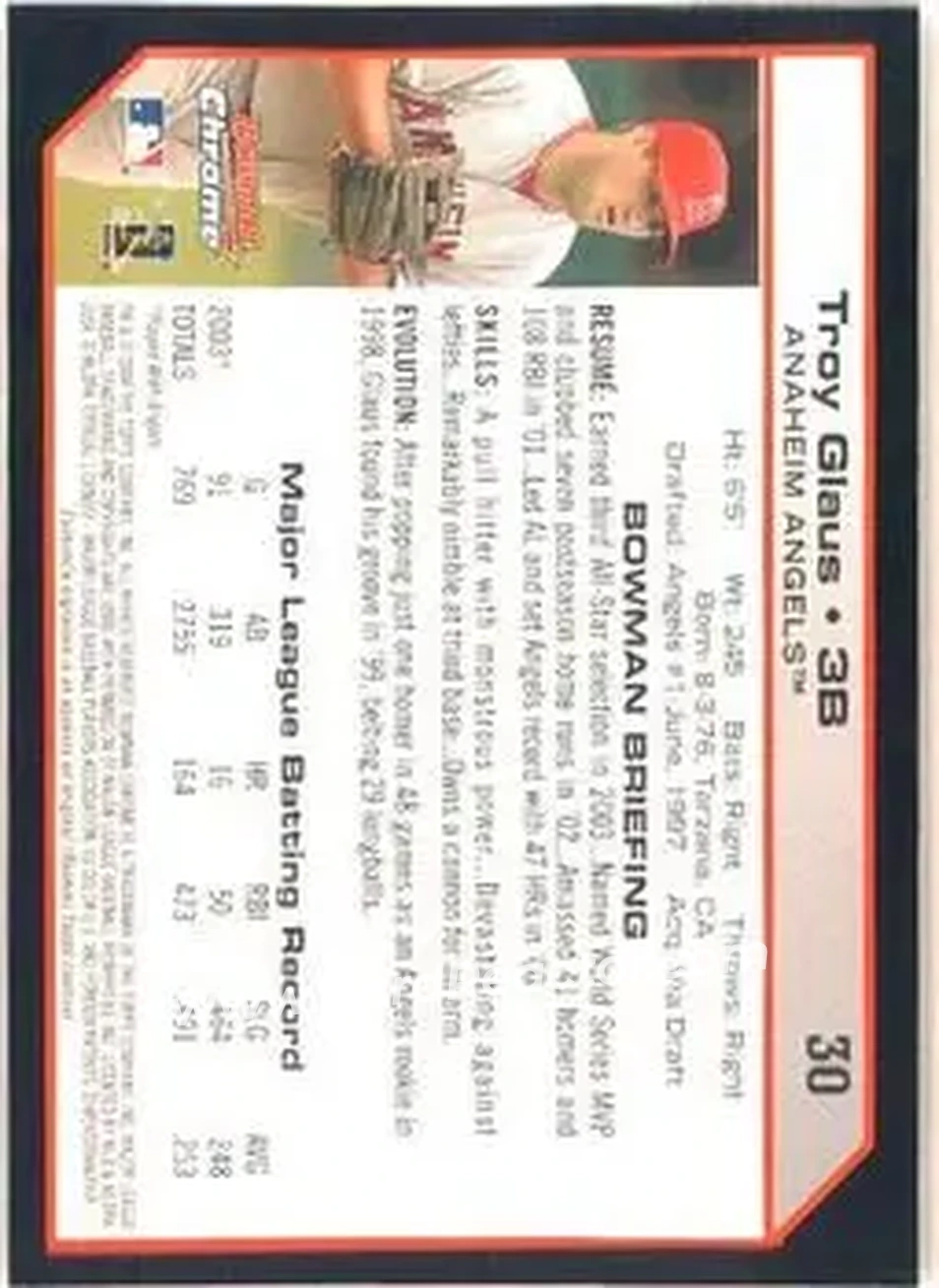 2004 Bowman Chrome #30 - Troy Glaus - Anaheim Angels - Back