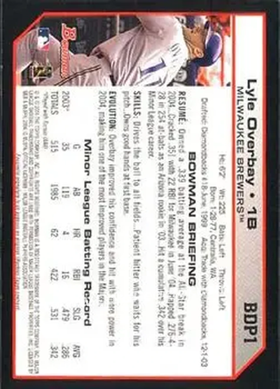 2004 Bowman Draft Picks & Prospects #BDP1 - Lyle Overbay - Milwaukee Brewers - Back
