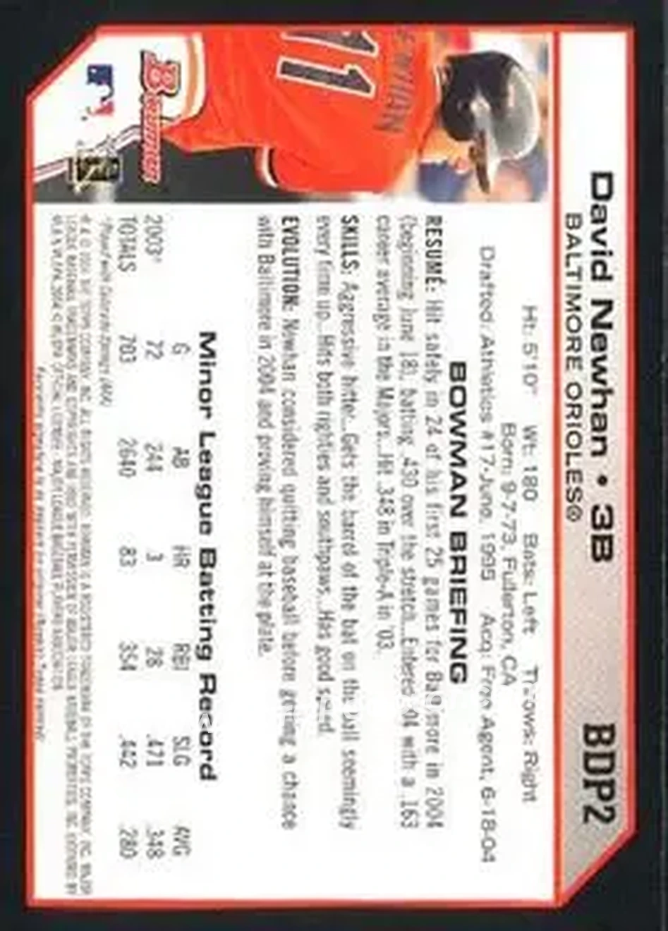 2004 Bowman Draft Picks & Prospects #BDP2 - David Newhan - Baltimore Orioles - Back
