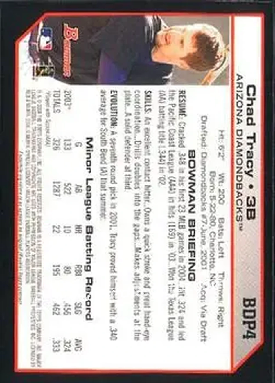 2004 Bowman Draft Picks & Prospects #BDP4 - Chad Tracy - Arizona Diamondbacks - Back