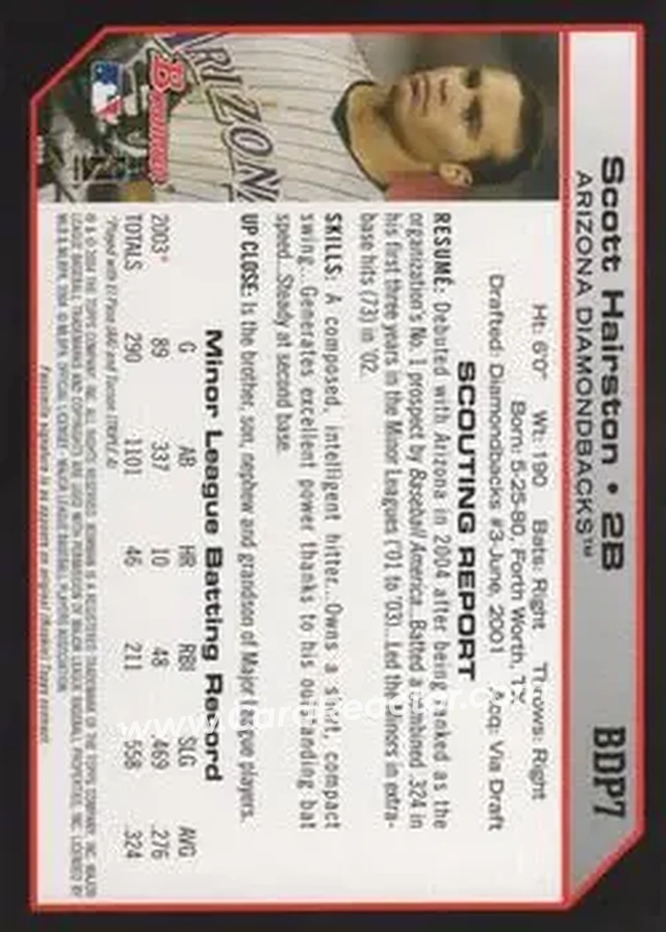2004 Bowman Draft Picks & Prospects #BDP7 - Scott Hairston - Arizona Diamondbacks - Back