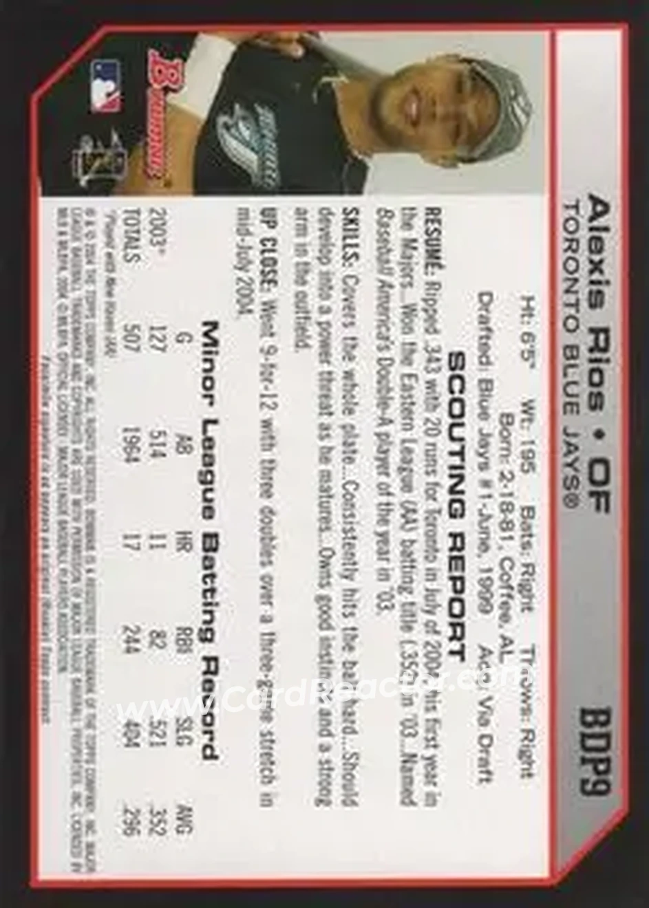 2004 Bowman Draft Picks & Prospects #BDP9 - Alex Rios - Toronto Blue Jays - Back