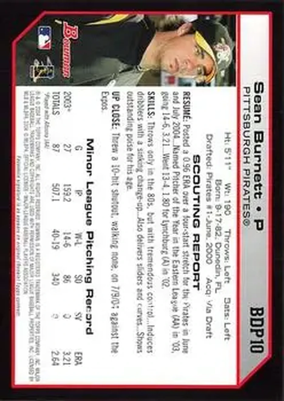 2004 Bowman Draft Picks & Prospects #BDP10 - Sean Burnett - Pittsburgh Pirates - Back