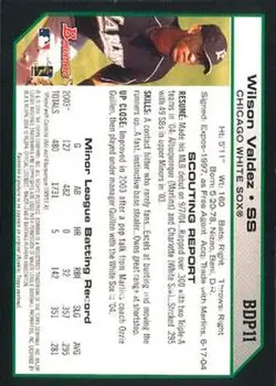 2004 Bowman Draft Picks & Prospects #BDP11 - Wilson Valdez - Chicago White Sox - Back
