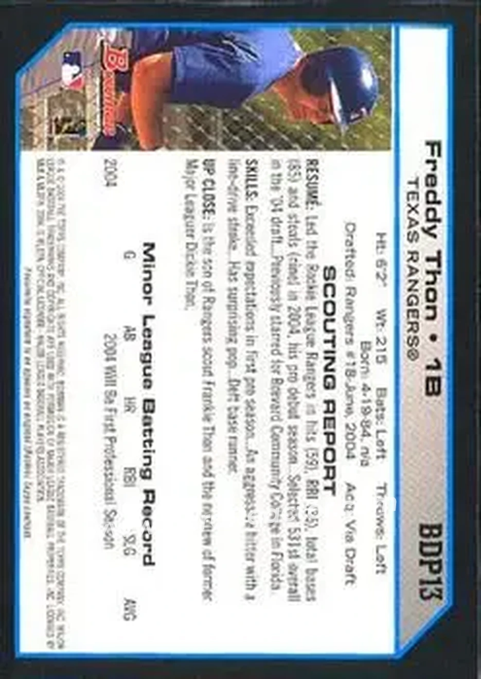2004 Bowman Draft Picks & Prospects #BDP13 - Freddy Thon - Texas Rangers - Back