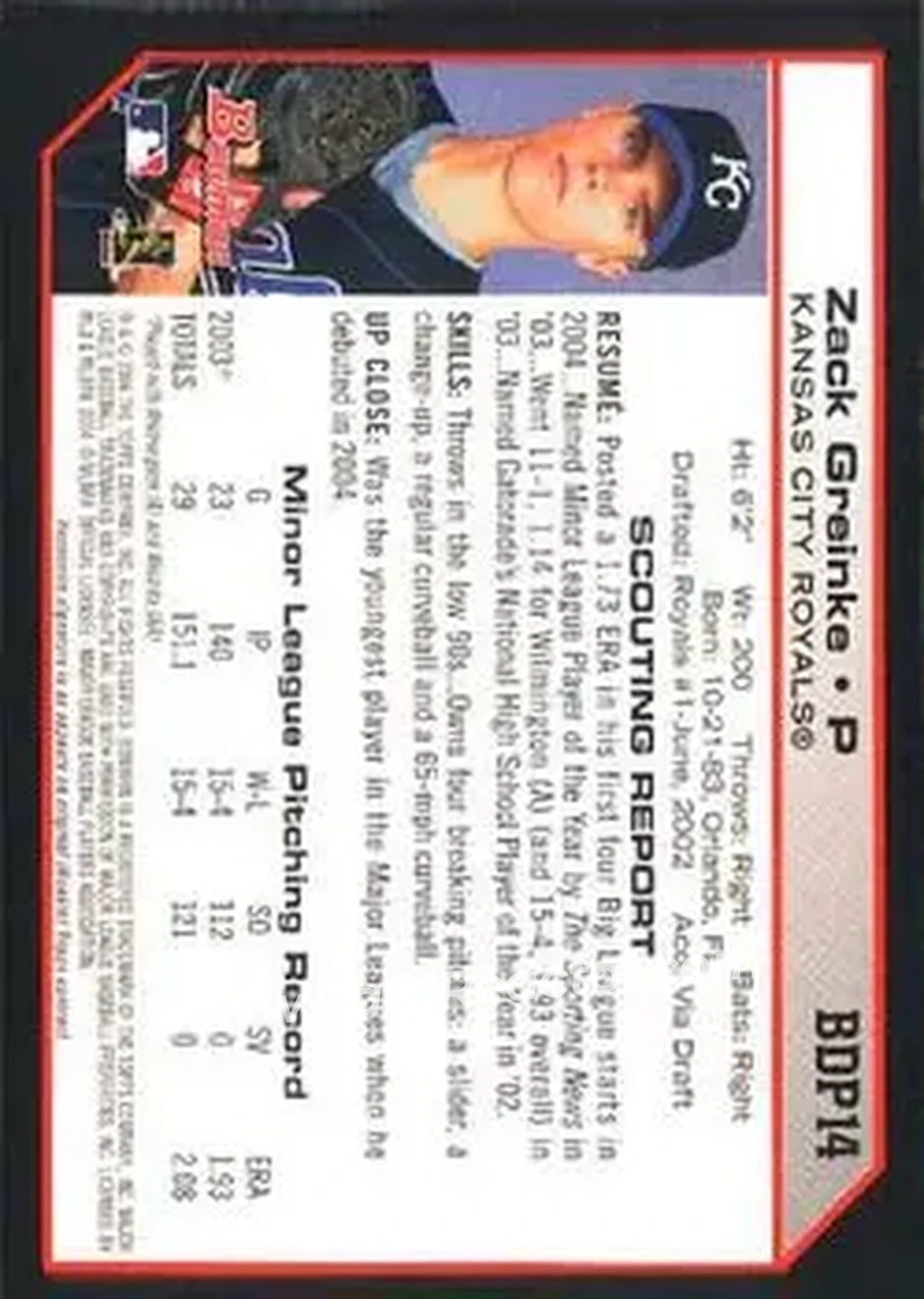 2004 Bowman Draft Picks & Prospects #BDP14 - Zack Greinke - Kansas City Royals - Back