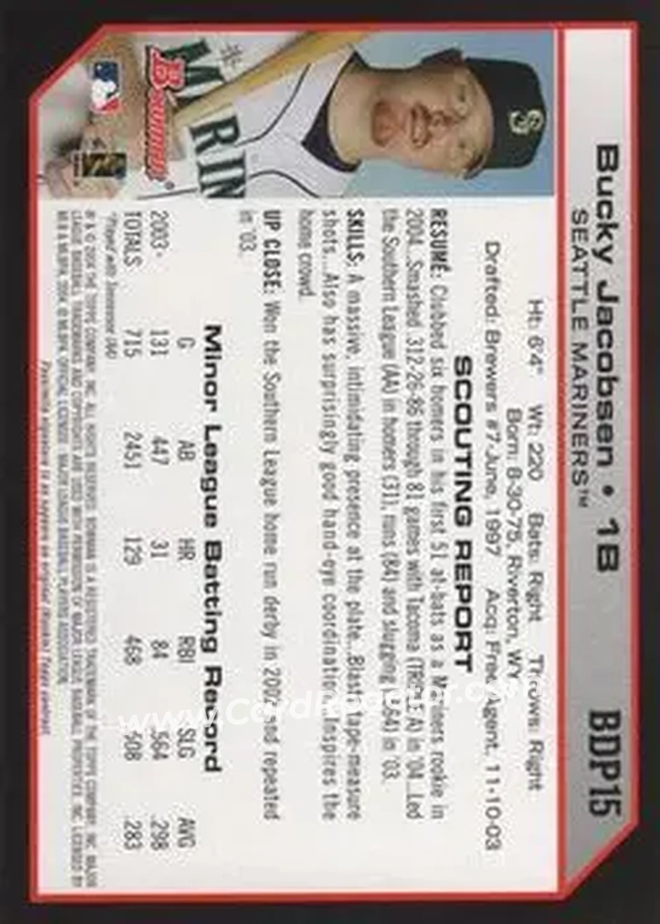 2004 Bowman Draft Picks & Prospects #BDP15 - Bucky Jacobsen - Seattle Mariners - Back