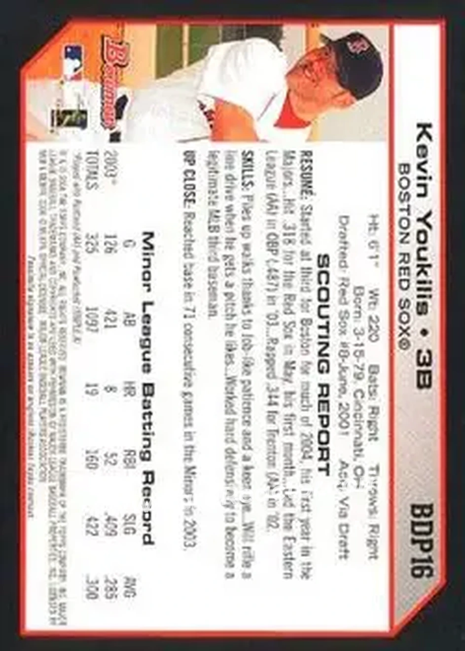 2004 Bowman Draft Picks & Prospects #BDP16 - Kevin Youkilis - Boston Red Sox - Back