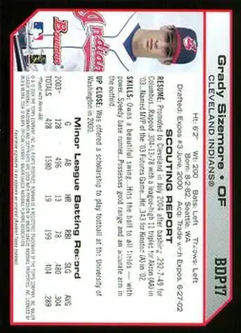 2004 Bowman Draft Picks & Prospects #BDP17 - Grady Sizemore - Cleveland Indians - Back
