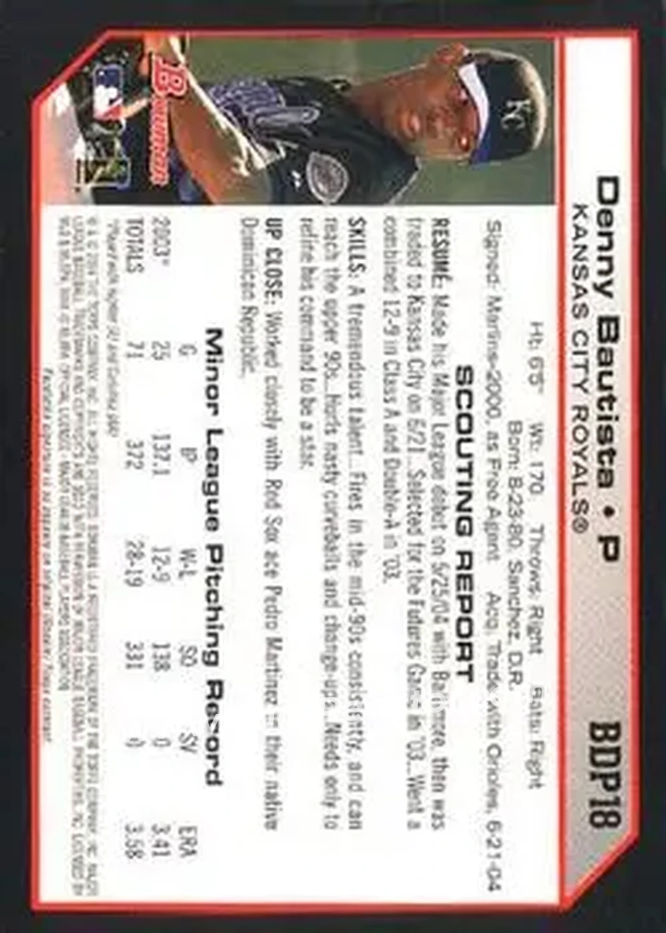 2004 Bowman Draft Picks & Prospects #BDP18 - Denny Bautista - Kansas City Royals - Back
