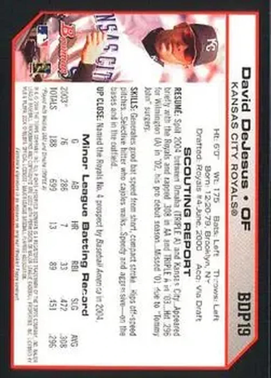 2004 Bowman Draft Picks & Prospects #BDP19 - David DeJesus - Kansas City Royals - Back