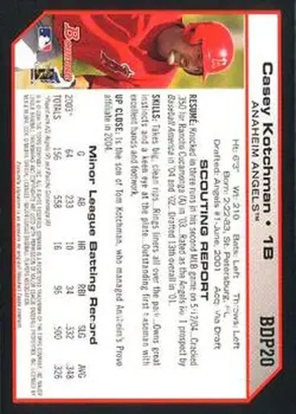 2004 Bowman Draft Picks & Prospects #BDP20 - Casey Kotchman - Anaheim Angels - Back