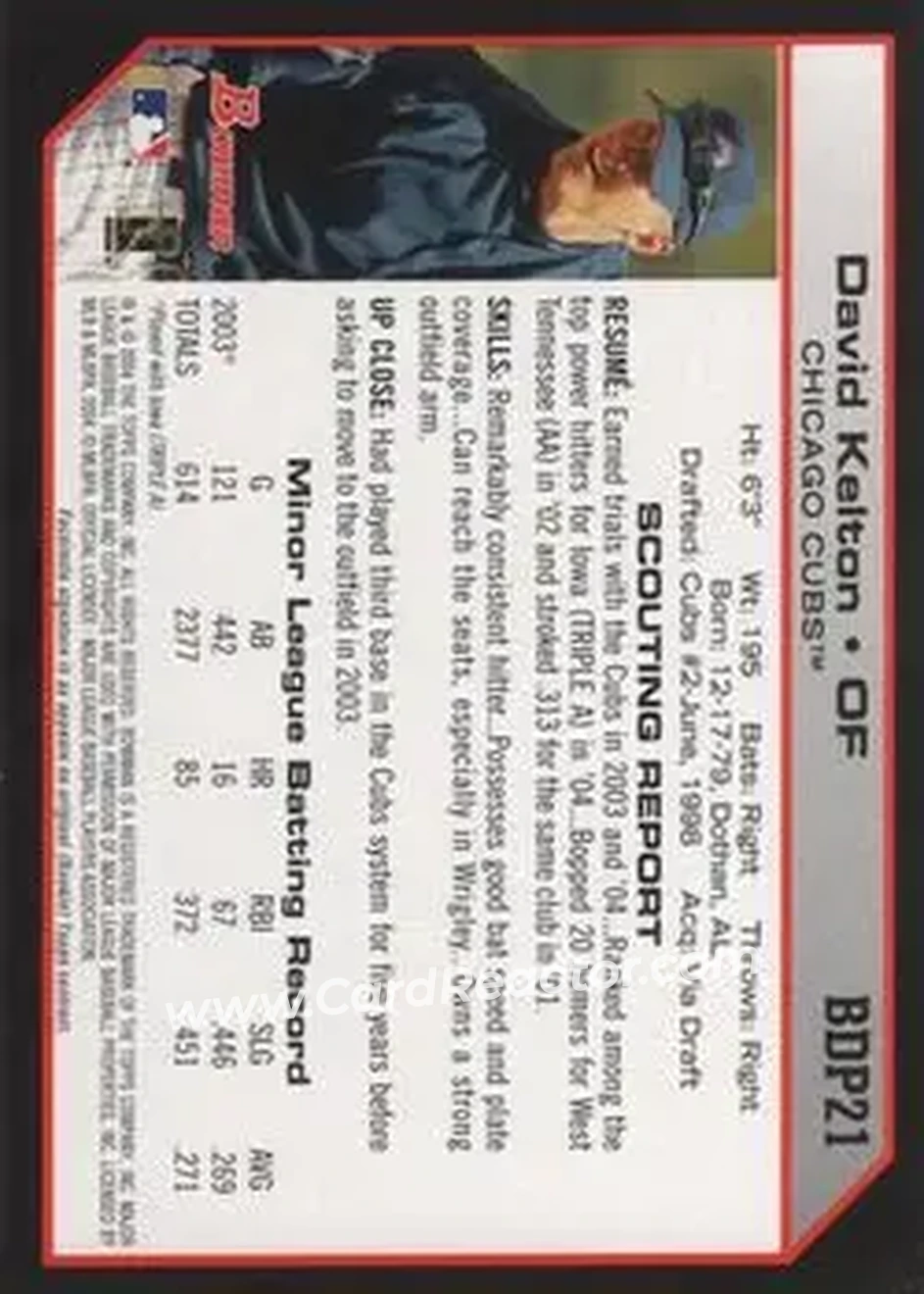 2004 Bowman Draft Picks & Prospects #BDP21 - David Kelton - Chicago Cubs - Back