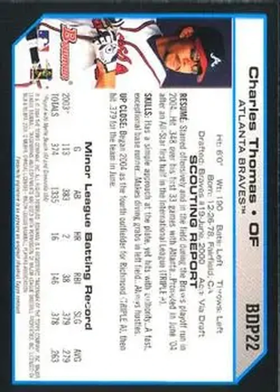 2004 Bowman Draft Picks & Prospects #BDP22 - Charles Thomas - Atlanta Braves - Back