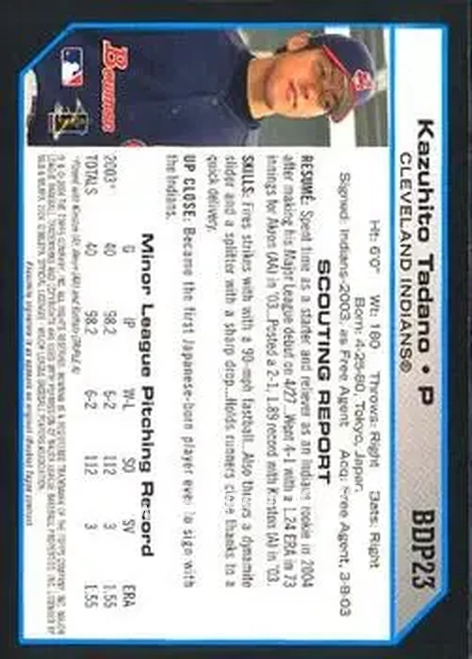 2004 Bowman Draft Picks & Prospects #BDP23 - Kazuhito Tadano - Cleveland Indians - Back
