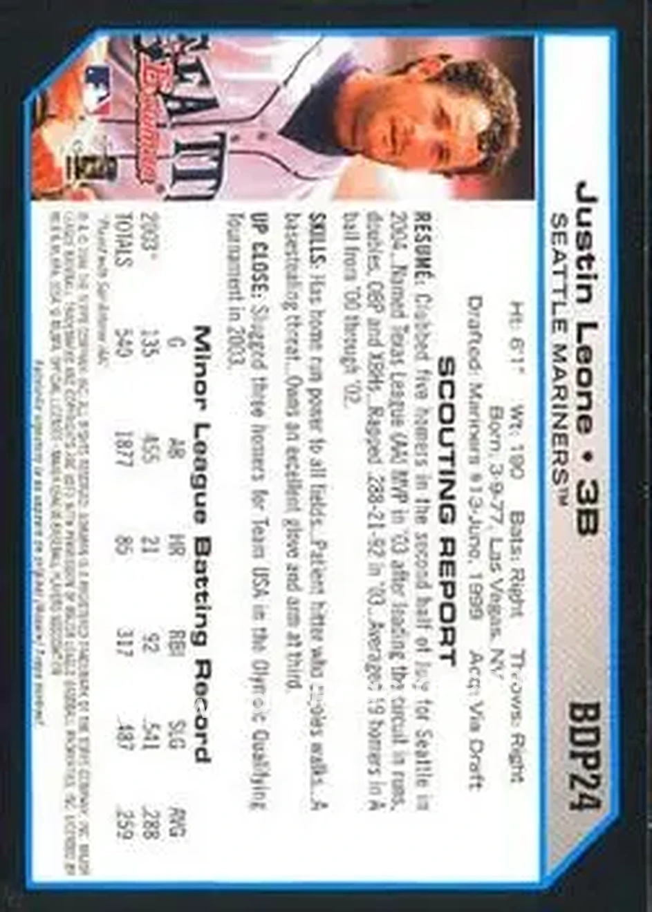 2004 Bowman Draft Picks & Prospects #BDP24 - Justin Leone - Seattle Mariners - Back