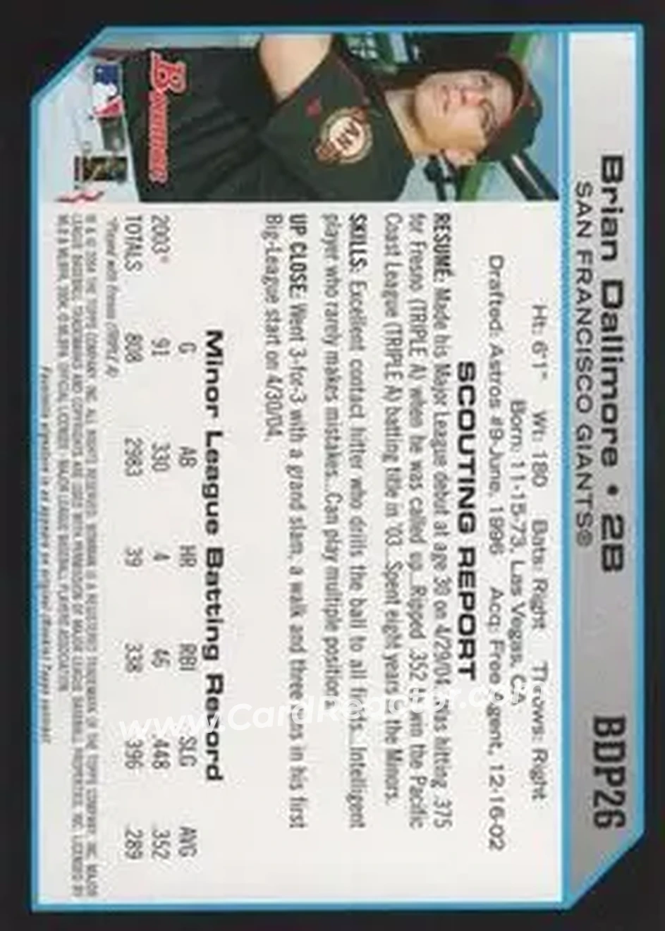 2004 Bowman Draft Picks & Prospects #BDP26 - Brian Dallimore - San Francisco Giants - Back